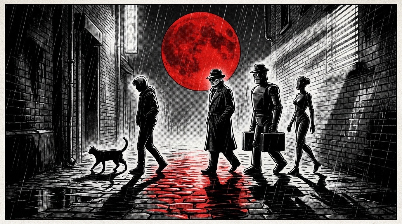 Vier Silhouetten in der regennassen Gasse unter rotem Mond