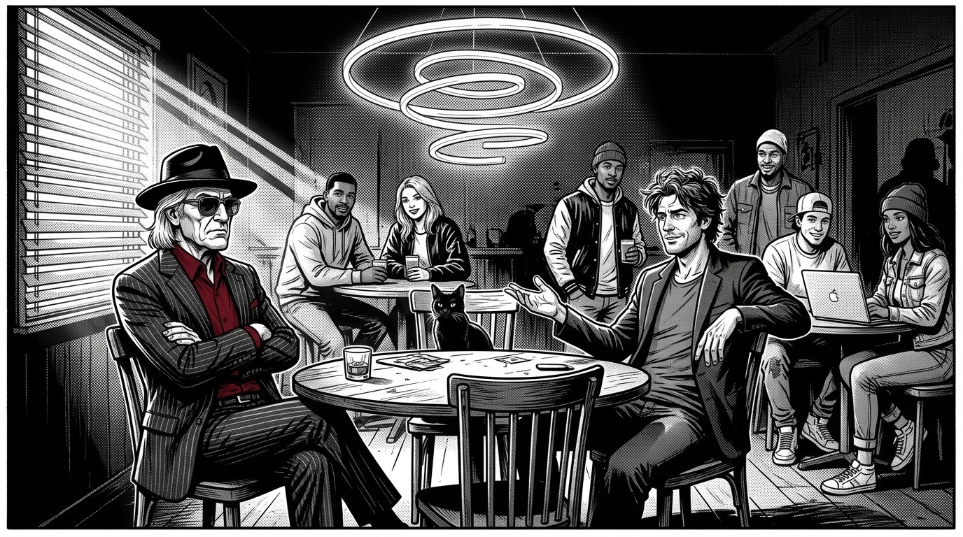Noir-Comic-Panel: Finn und Don am runden Tisch unter der LED-Locke, umringt von Club-Mitgliedern