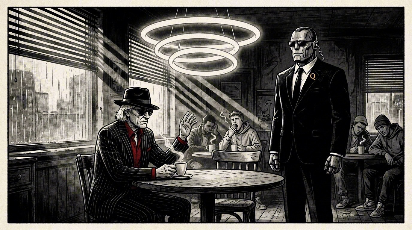 Noir-Comic-Panel: Der Boss-Bot steht stramm zum Morgenrapport, Don winkt müde ab