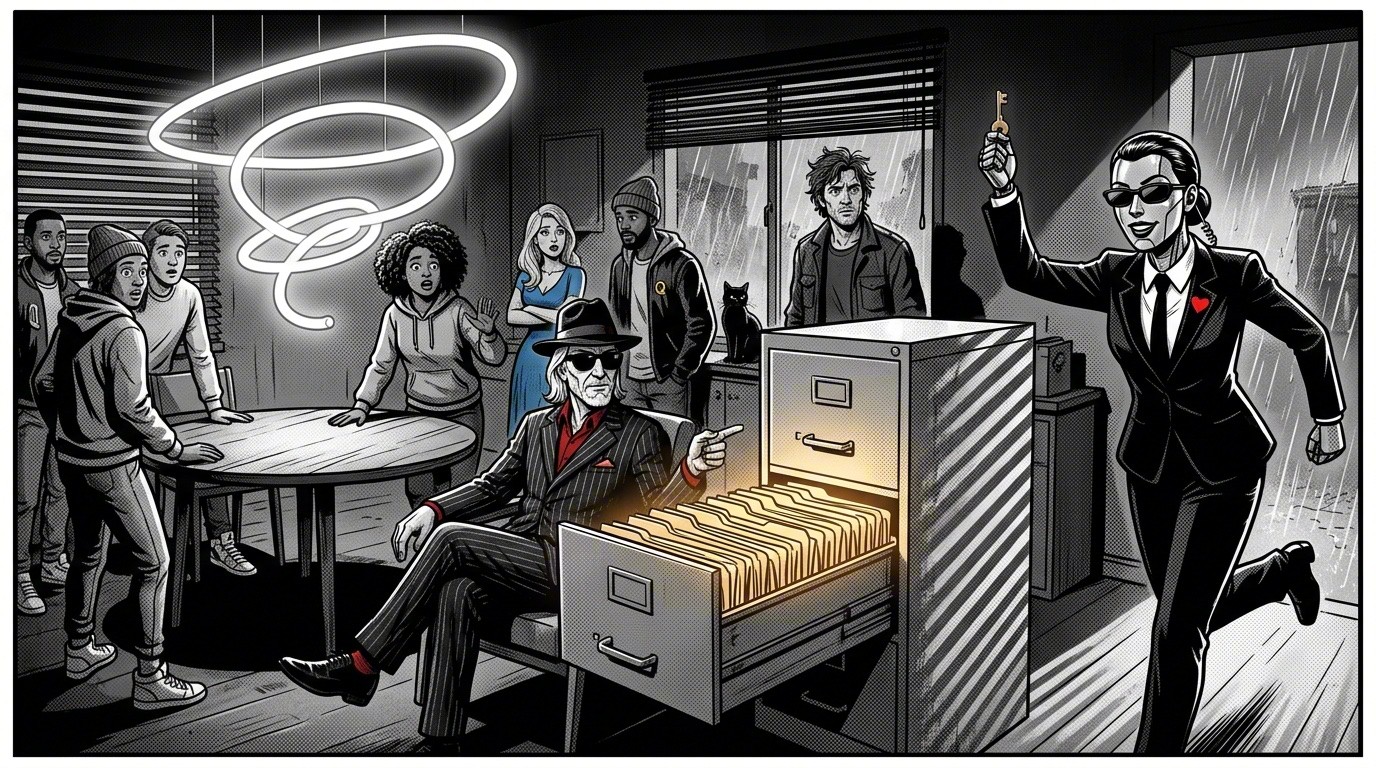 Noir-Comic-Panel: Der Aktenschrank steht offen und voller leuchtender Ordner, Claudia kommt zu spät mit einem zweiten Schlüssel angerannt